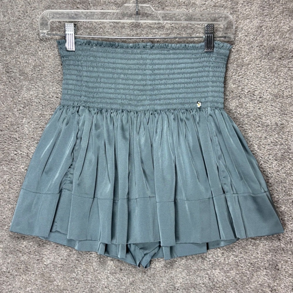 Natural Life Womens Smocked High Waist Skort Dusty Blue Satin Silky Daisy Charm